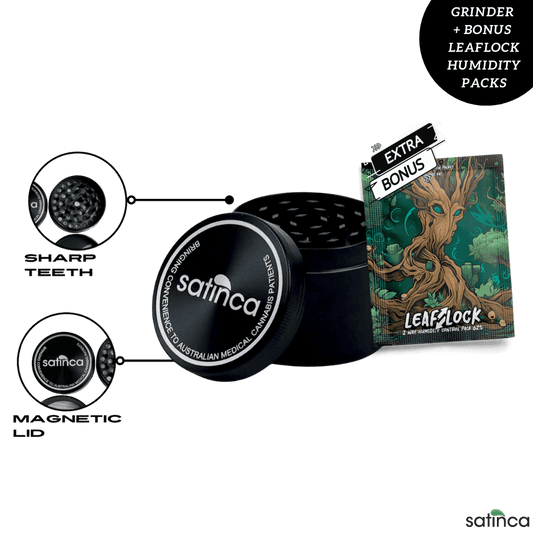 satinca 4 Piece Herb Grinder With Magnetic Lid - Bonus LeafLock Humidity Packs